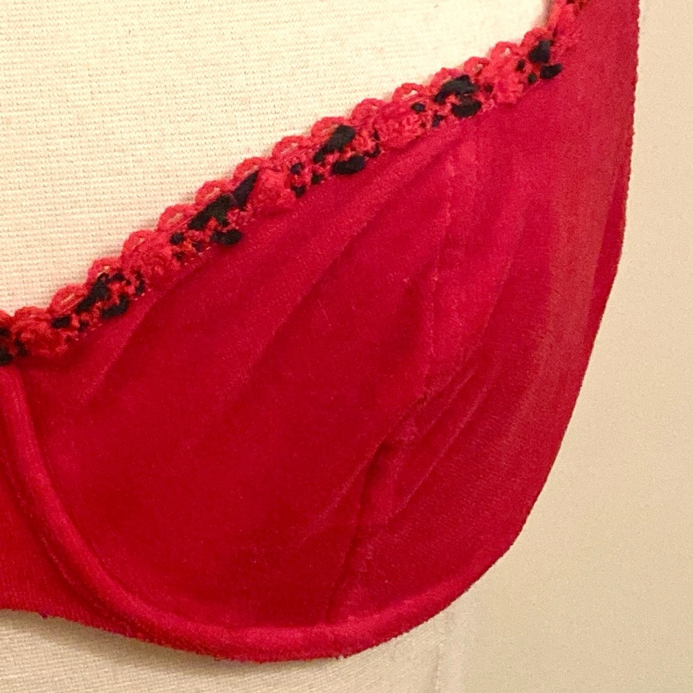 Victoria’s Secret Country Vintage 1990s Red Black Rose Trim Velour Bra Size 34C - Picture 2 of 12